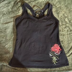 Black Harley Davidson Tank Top with Red Rose Design